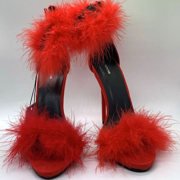 PrettyLittleThing NWTs Red Feathered High Heel Strappy Sandals Size 6 - Picture 5 of 10